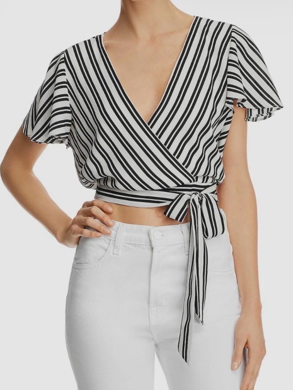 Aqua Striped Wrap Crop Top with Tie - Black & White